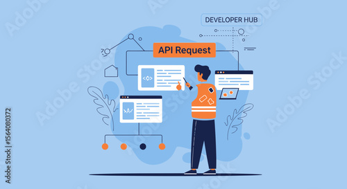 Developer Explores Api Request From Hub With Code On Computer Screens