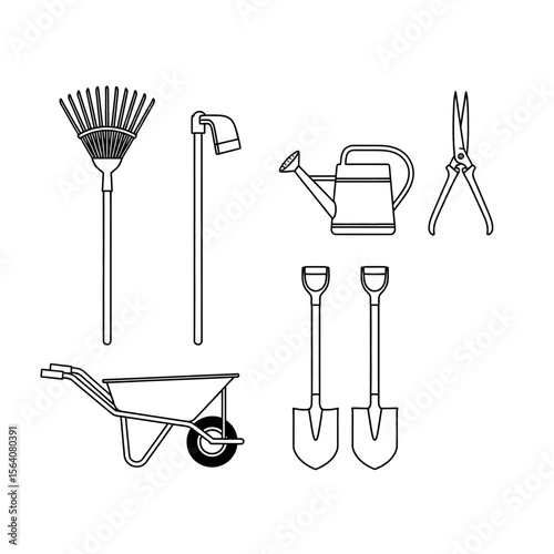 A collection of gardening tools including a rake, hoe, watering can, shears, wheelbarrow, shovels, and gloves isolated on white background
