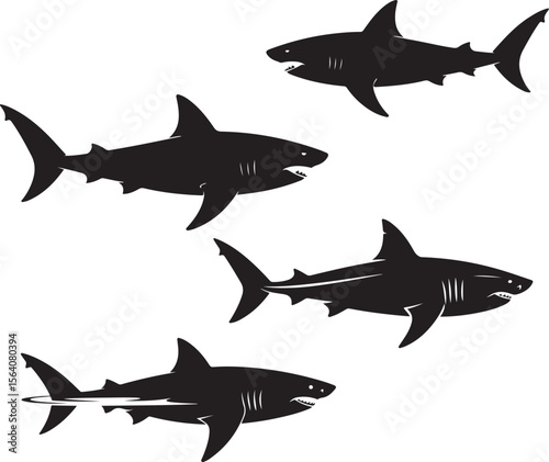 Four black shark silhouettes swimming in different directions on a white background