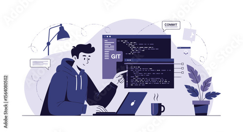 Developer Working With Git Version Control System On Laptop In Home Office