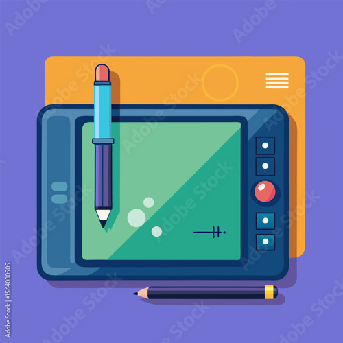 Tablet and stylus image. Cartoon style. Vector illustration.