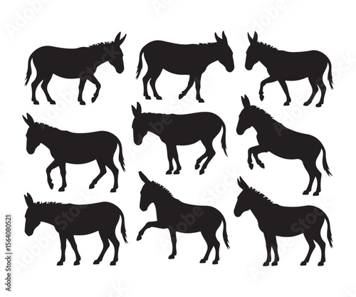 Collection of black donkey silhouettes in various poses on a white background