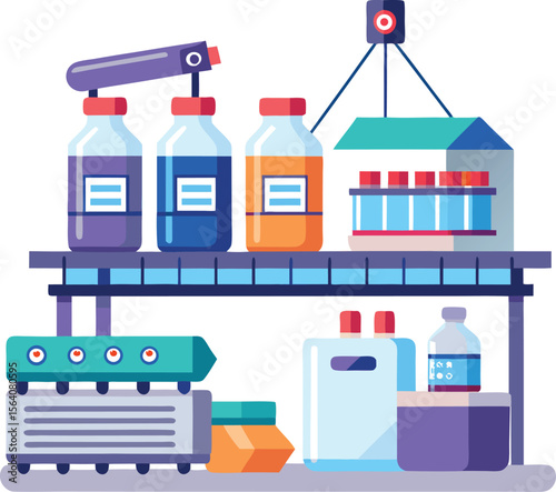 Vaccine production factory with vials on conveyor belt, COVID immunization supply chain, white background