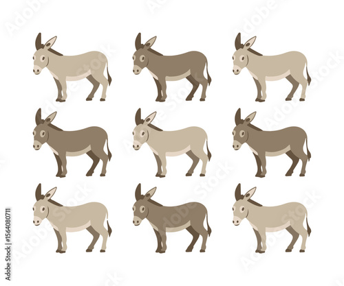 A pattern of nine cute cartoon donkeys in different shades of brown