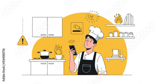 Distracted Chef Using Smartphone While Cooking Causing Kitchen Accidents