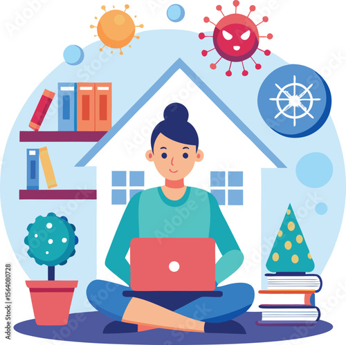  Person working from home with virus alert on laptop screen, remote work pandemic lifestyle, white background