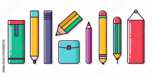Set of different sketching tools images. Colorful cartoon icons isolated on white background. Vector illustration.