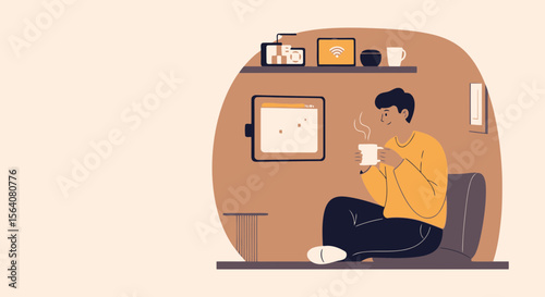 Enjoying Cozy Morning Man Sitting Drinking Coffee Relaxing And Home Workspace