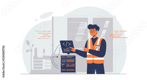 Engineer Working On A Server Data Center In A Modern Plant Facility