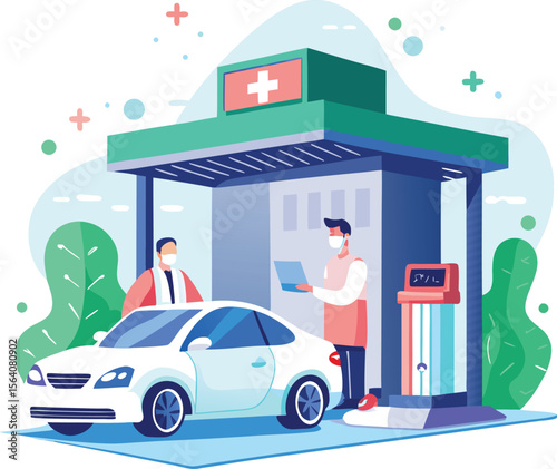 Drive-through COVID testing station with medical staff and car, virus detection scene, white background