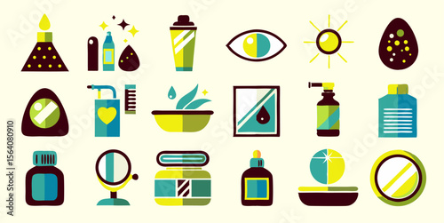 Set of different morning skincare routine images. Flat colorful isolated icons. Vector illustration.