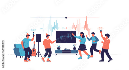 Enthusiastic Party Celebrating Music With Sound Wave Equalizer And Happy Friends