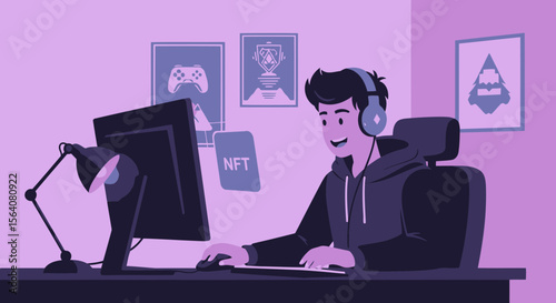 Enthusiastic Young Man Engaged in Cryptocurrency Trading And Playing Video Games From Home