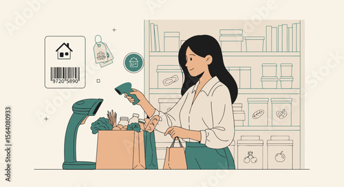 Efficient Grocery Shopping Experience At The Checkout Counter With Modern Technology