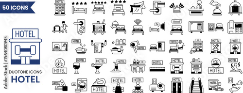 Hotel icon set in duotone style. Vector illustration