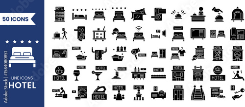 Hotel icon set. Vector solid icons collection. Vector illustration