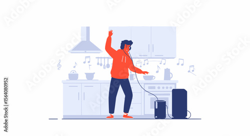Energetic Man Dancing In The Kitchen Wearing Headphones With Sound System