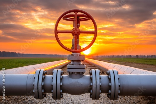 Gas pipeline valve is closing at sunset, symbolizing energy crisis