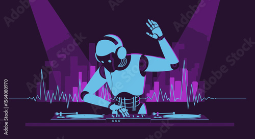 Energetic Robot Dj Mixing Sounds In A Nightclub With City Skyline Backdrop