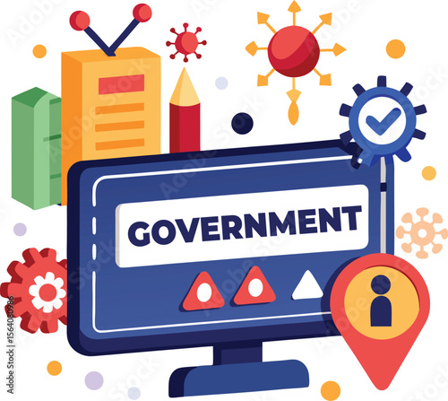 Government screen broadcasting COVID alert with red banner, public announcement concept, white background