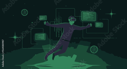 Experience Virtual World Man Using Vr Headset In Immersive Environment