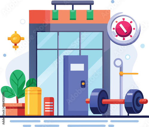 Gym with empty equipment and COVID sign on door, lockdown fitness industry impact, white background