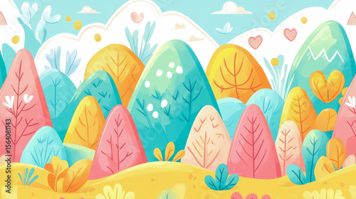 Bright pastel landscape illustration depicting whimsical rolling hills, stylized flora, and a cheerful sky, ideal for children's themes or decorative art.