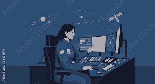 Female Astronaut Monitoring Satellite Activity In A Control Center Station