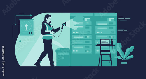Female Technician Inspecting Network Equipment At Data Center For Maintenance