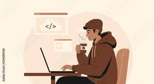 Freelance Coder Enjoys Coffee Break While Working From Home Development Project