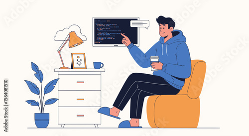 Freelance Coder Working From Home Coding Software Development Concept Illustration