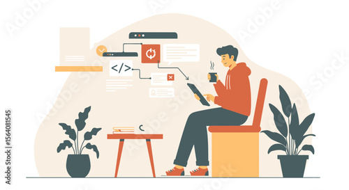 Freelance Developer Working With Tablet From Home In Cozy Modern Office