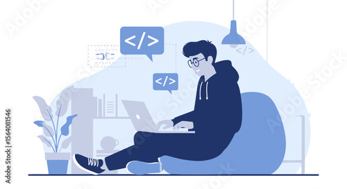Freelance Software Developer Working From Home With Laptop On Beanbag Chair