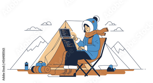 Freelance Coder Working Remotely Outdoors At Camping Site With Mountain Scenery