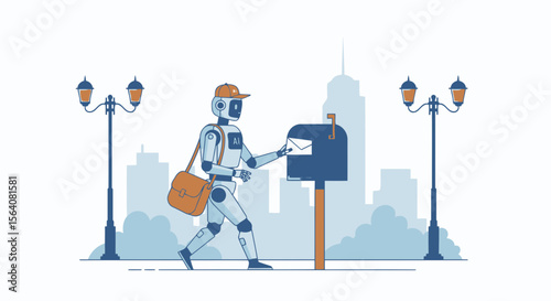 Futuristic Delivery Service Robot Handling Mail In An Urban Landscape