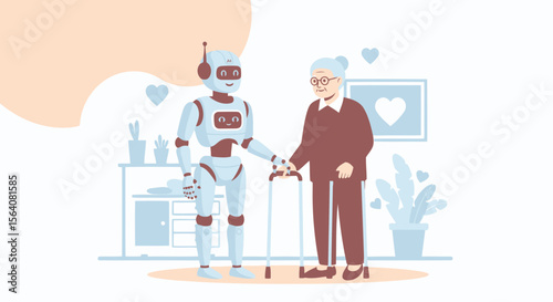 Friendly Robot Assistant Helping Senior Woman In Her Home With Love