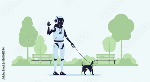 Friendly Robot Walking a Dog in the Park on a Sunny Day with Trees
