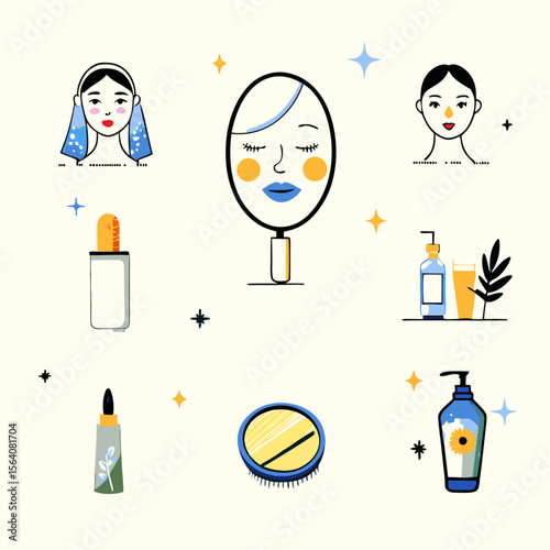 Set of different morning skincare routine watercolor icons. Flat images on white background. Vector illustration.