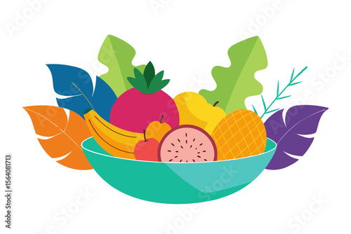 Tropical Fruits in Bowl with Decorative Leaf Garnish Vector