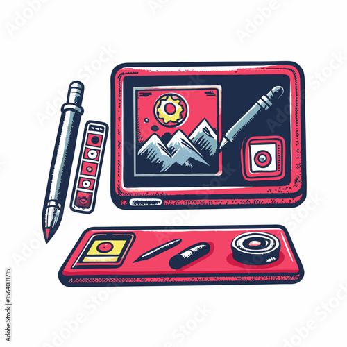 Hand drawn tablet and stylus image on white background. Vintage style. Vector illustration.