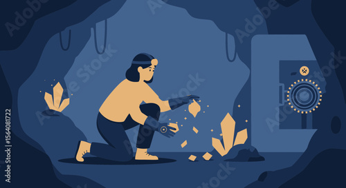 Geological Expedition Unearthing Crystals In Underground Cave At Night Illustration