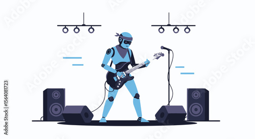 Futuristic Rock Concert Featuring Robot Guitarist On Stage With Stage Lights