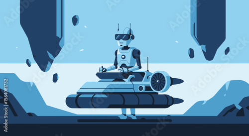 Futuristic Spaceship Adventure With Robot Pilot On Alien Planet Illustration