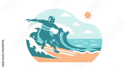 Futuristic Surfer Riding Wave During Sunny Summer Day Coastal Activity