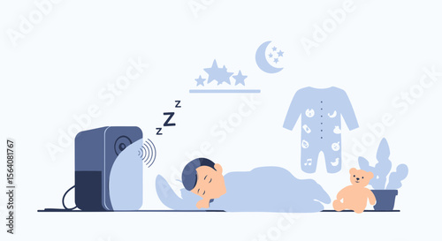 Gentle Slumber: Illustration of a Child Sleeping Peacefully with White Noise Machine