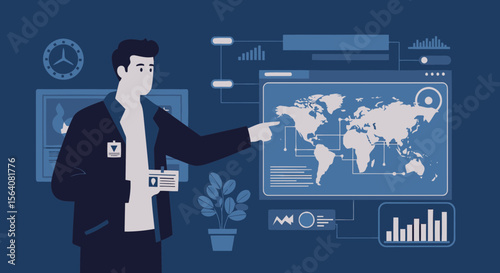 Global Analysis Dashboard With A Businessman Pointing To The Digital Earth Map