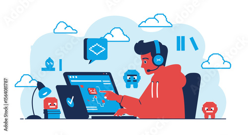 Gamer Playing Video Game Online with Headset On Computer, Game Developer Concept