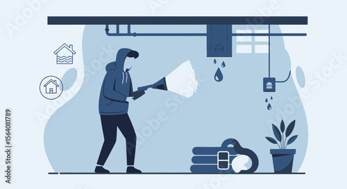 Homeowner Investigating Leakage In The Basement With Flashlight At Night