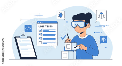 Illustration Of Software Developer Performing Unit Testing On Code Blocks