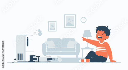 Happy Boy Watching Robot Vacuum Cleaner Working Home Technology Concept